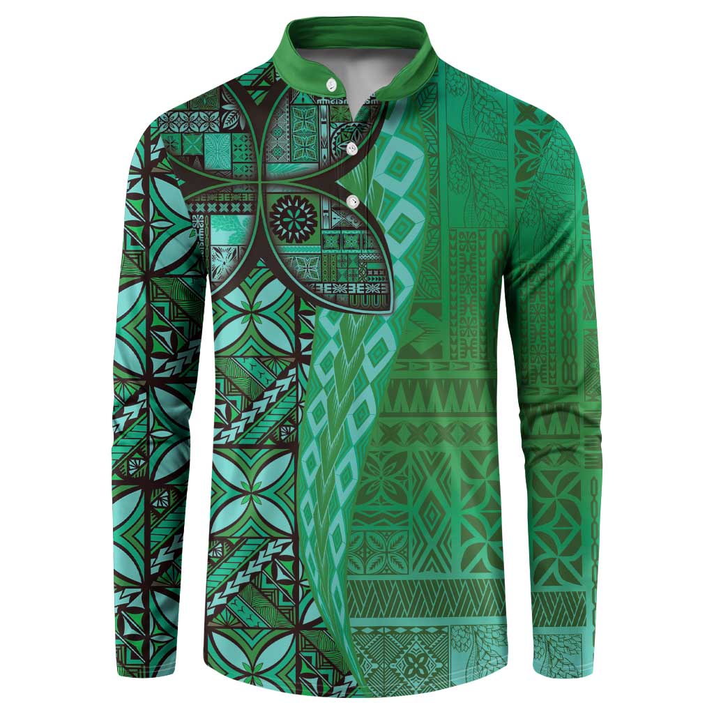Samoan Pacific Tribal Flower Geometric Art Tattoos Button Sweatshirt Siapo Pattern Emerald Glow LT03 Green - Polynesian Pride