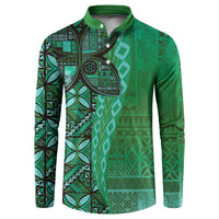 Samoan Pacific Tribal Flower Geometric Art Tattoos Button Sweatshirt Siapo Pattern Emerald Glow LT03 Green - Polynesian Pride