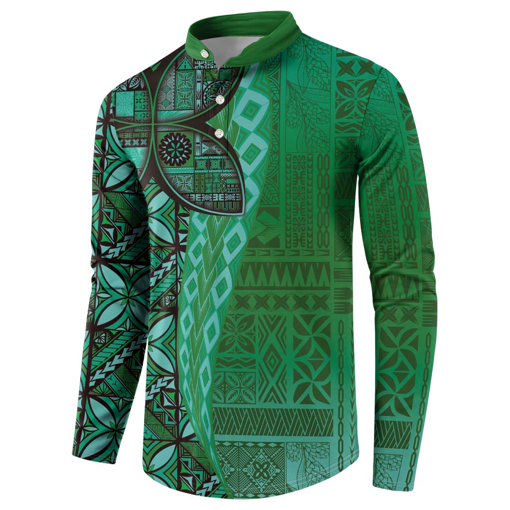 Samoan Pacific Tribal Flower Geometric Art Tattoos Button Sweatshirt Siapo Pattern Emerald Glow LT03 - Polynesian Pride