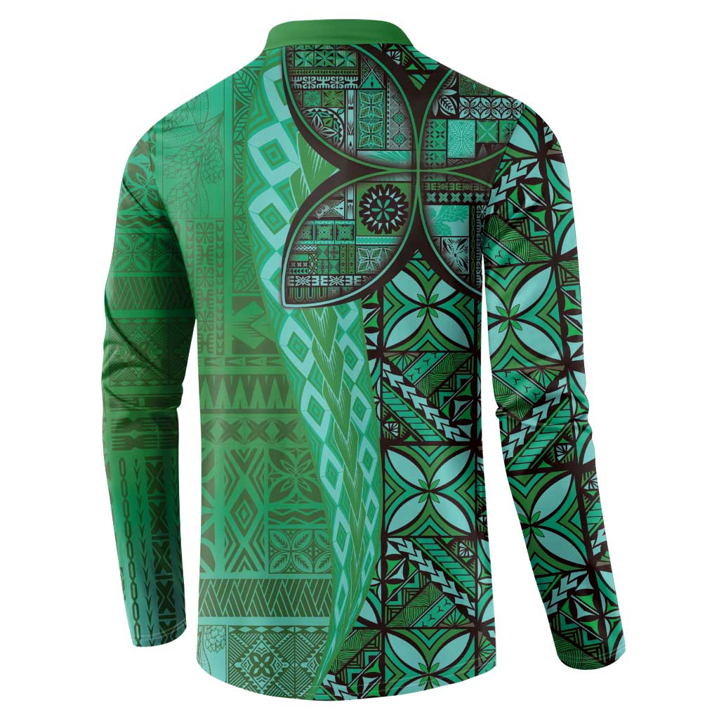 Samoan Pacific Tribal Flower Geometric Art Tattoos Button Sweatshirt Siapo Pattern Emerald Glow LT03 - Polynesian Pride