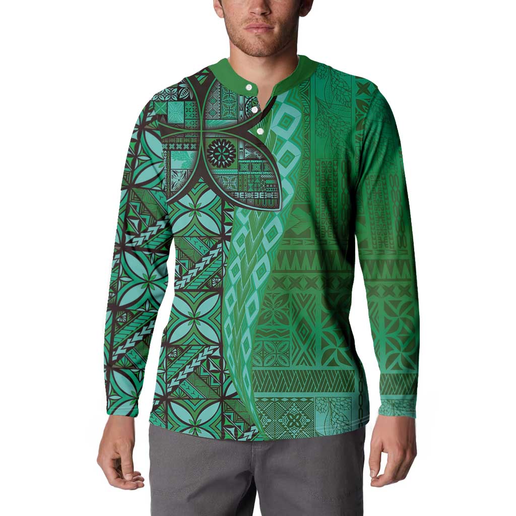 Samoan Pacific Tribal Flower Geometric Art Tattoos Button Sweatshirt Siapo Pattern Emerald Glow LT03 - Polynesian Pride