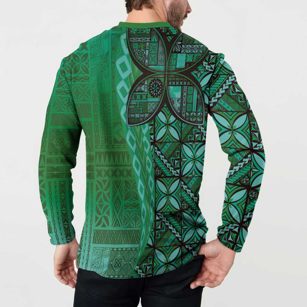 Samoan Pacific Tribal Flower Geometric Art Tattoos Button Sweatshirt Siapo Pattern Emerald Glow LT03 - Polynesian Pride