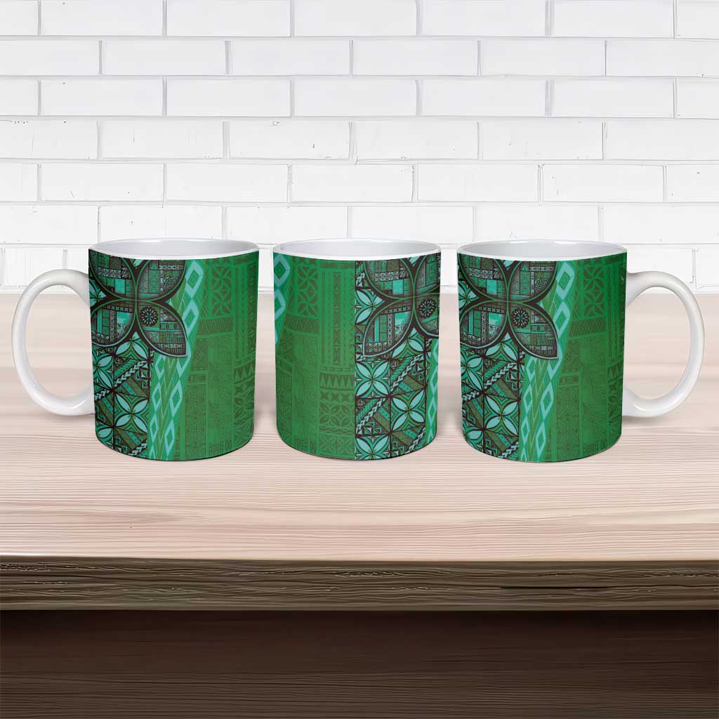 Samoan Pacific Tribal Flower Geometric Art Tattoos Ceramic Mug Siapo Pattern Emerald Glow LT03 - Polynesian Pride