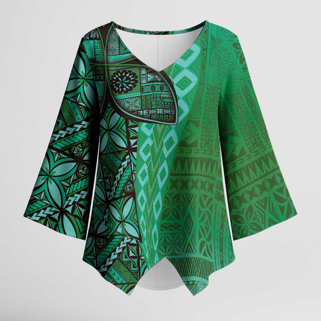 Samoan Pacific Tribal Flower Geometric Art Tattoos Kimono Sleeve Blouse Siapo Pattern Emerald Glow LT03 Female Green - Polynesian Pride