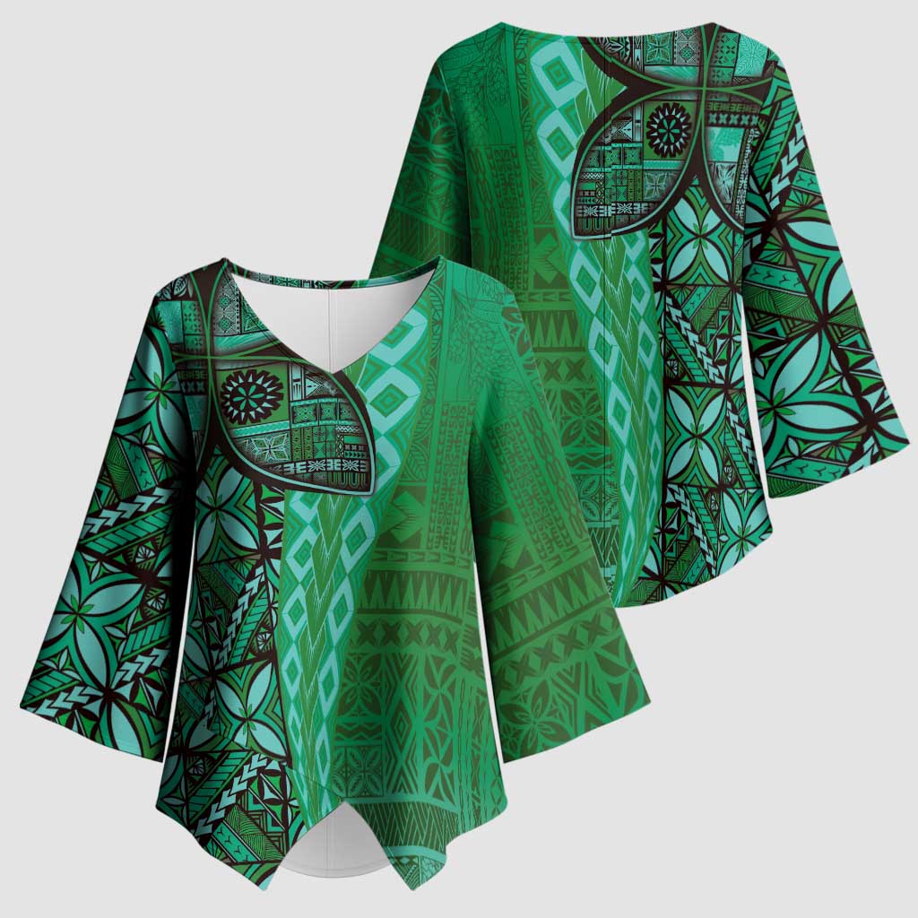 Samoan Pacific Tribal Flower Geometric Art Tattoos Kimono Sleeve Blouse Siapo Pattern Emerald Glow LT03 - Polynesian Pride