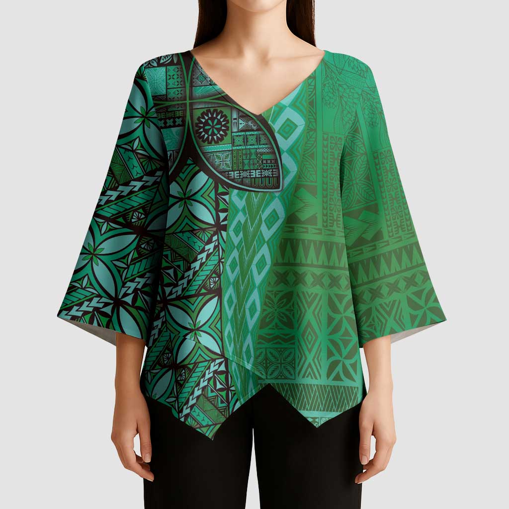 Samoan Pacific Tribal Flower Geometric Art Tattoos Kimono Sleeve Blouse Siapo Pattern Emerald Glow LT03 - Polynesian Pride
