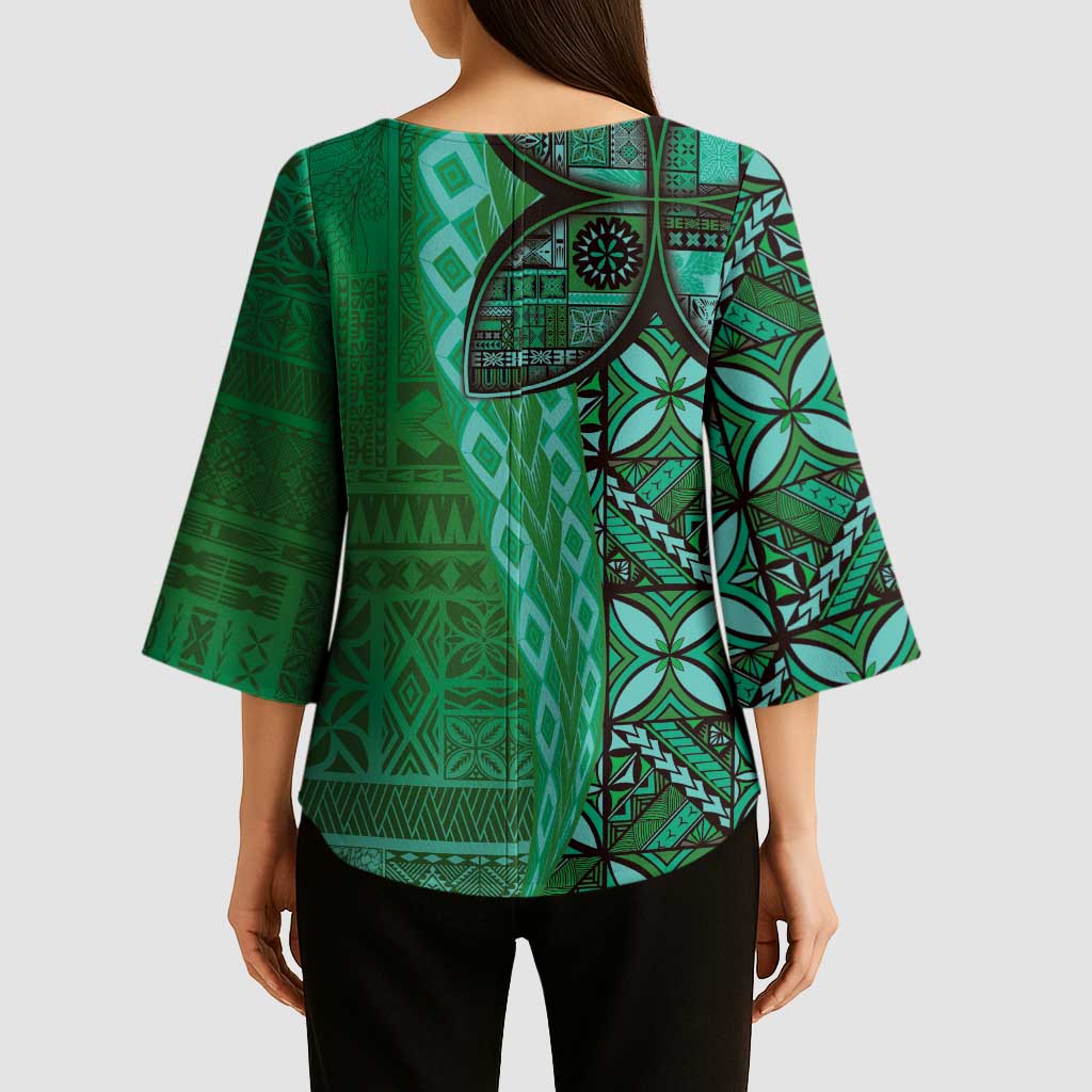 Samoan Pacific Tribal Flower Geometric Art Tattoos Kimono Sleeve Blouse Siapo Pattern Emerald Glow LT03 - Polynesian Pride