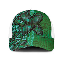 Samoan Pacific Tribal Flower Geometric Art Tattoos Mesh Trucker Cap Siapo Pattern Emerald Glow LT03 One Size White Green - Polynesian Pride