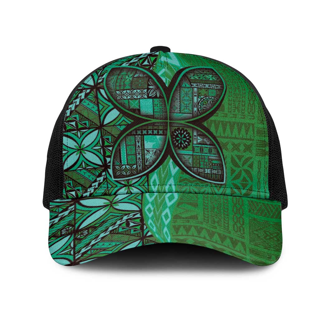 Samoan Pacific Tribal Flower Geometric Art Tattoos Mesh Trucker Cap Siapo Pattern Emerald Glow LT03 One Size Black Green - Polynesian Pride