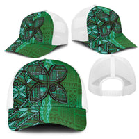 Samoan Pacific Tribal Flower Geometric Art Tattoos Mesh Trucker Cap Siapo Pattern Emerald Glow LT03 - Polynesian Pride