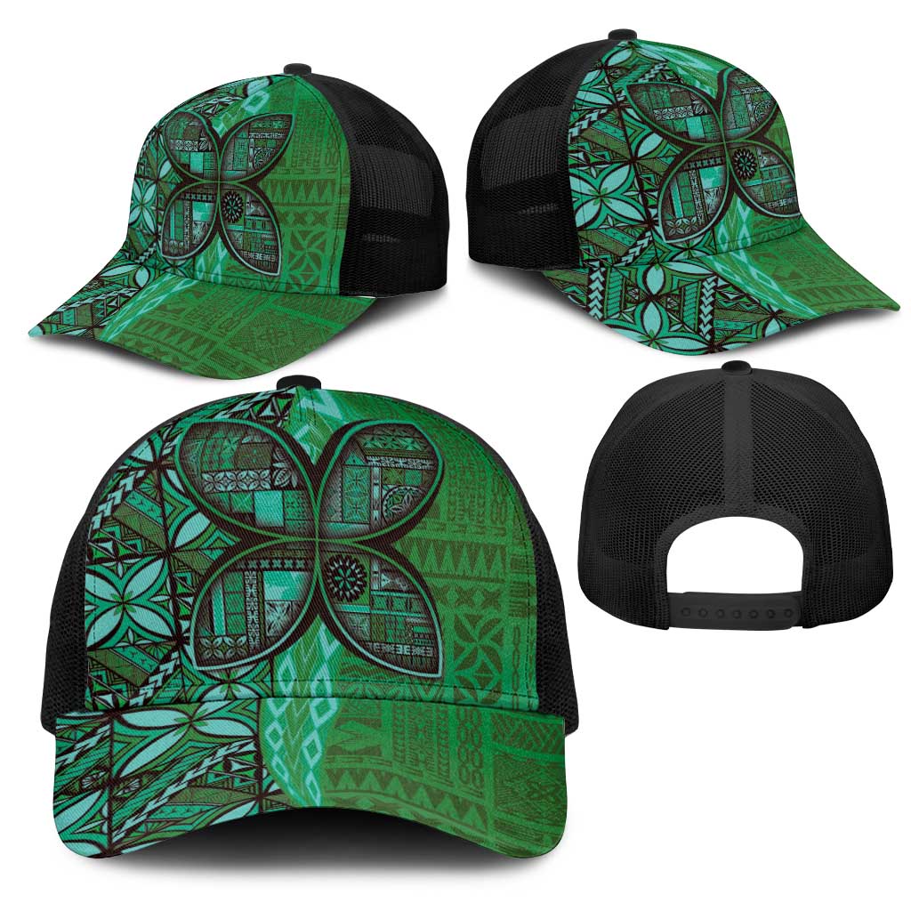 Samoan Pacific Tribal Flower Geometric Art Tattoos Mesh Trucker Cap Siapo Pattern Emerald Glow LT03 - Polynesian Pride