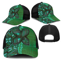 Samoan Pacific Tribal Flower Geometric Art Tattoos Mesh Trucker Cap Siapo Pattern Emerald Glow LT03 - Polynesian Pride
