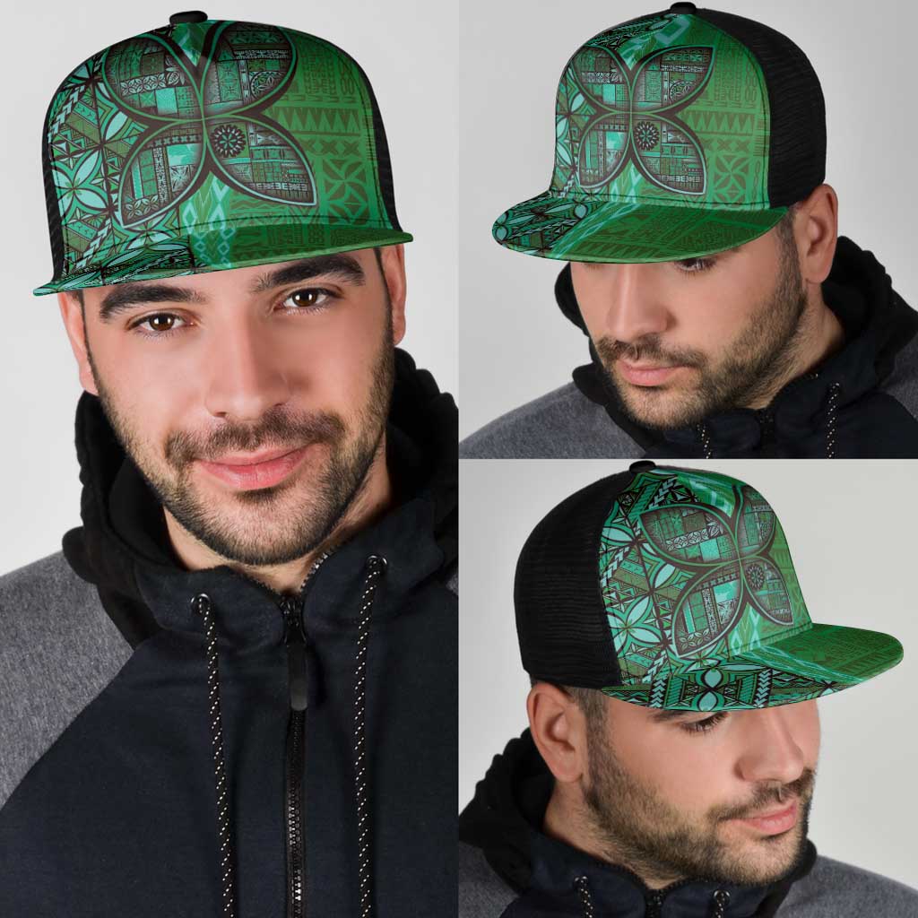 Samoan Pacific Tribal Flower Geometric Art Tattoos Mesh Trucker Cap Siapo Pattern Emerald Glow LT03 - Polynesian Pride