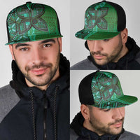 Samoan Pacific Tribal Flower Geometric Art Tattoos Mesh Trucker Cap Siapo Pattern Emerald Glow LT03 - Polynesian Pride