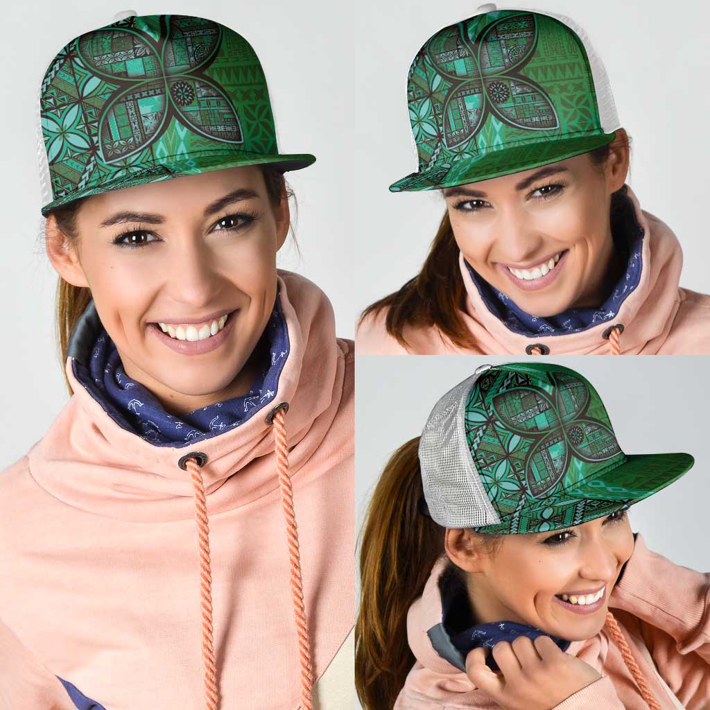 Samoan Pacific Tribal Flower Geometric Art Tattoos Mesh Trucker Cap Siapo Pattern Emerald Glow LT03 - Polynesian Pride