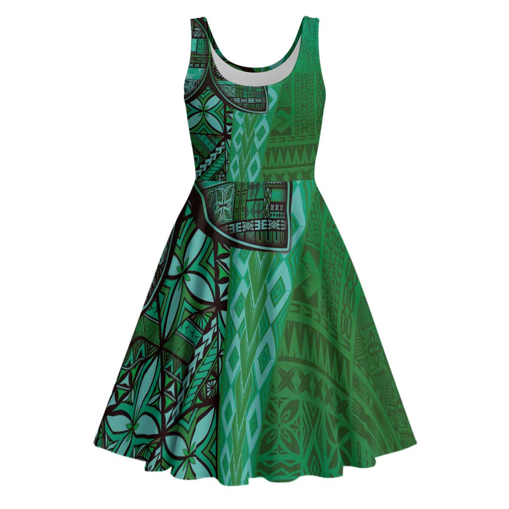 Samoan Pacific Tribal Flower Geometric Art Tattoos Midi Dress Siapo Pattern Emerald Glow LT03 Green - Polynesian Pride