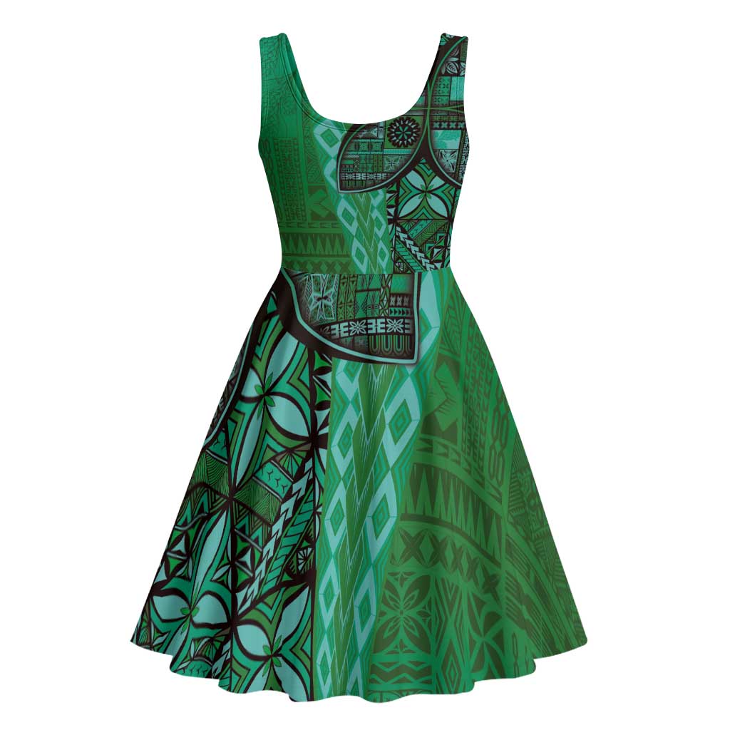 Samoan Pacific Tribal Flower Geometric Art Tattoos Midi Dress Siapo Pattern Emerald Glow LT03 - Polynesian Pride