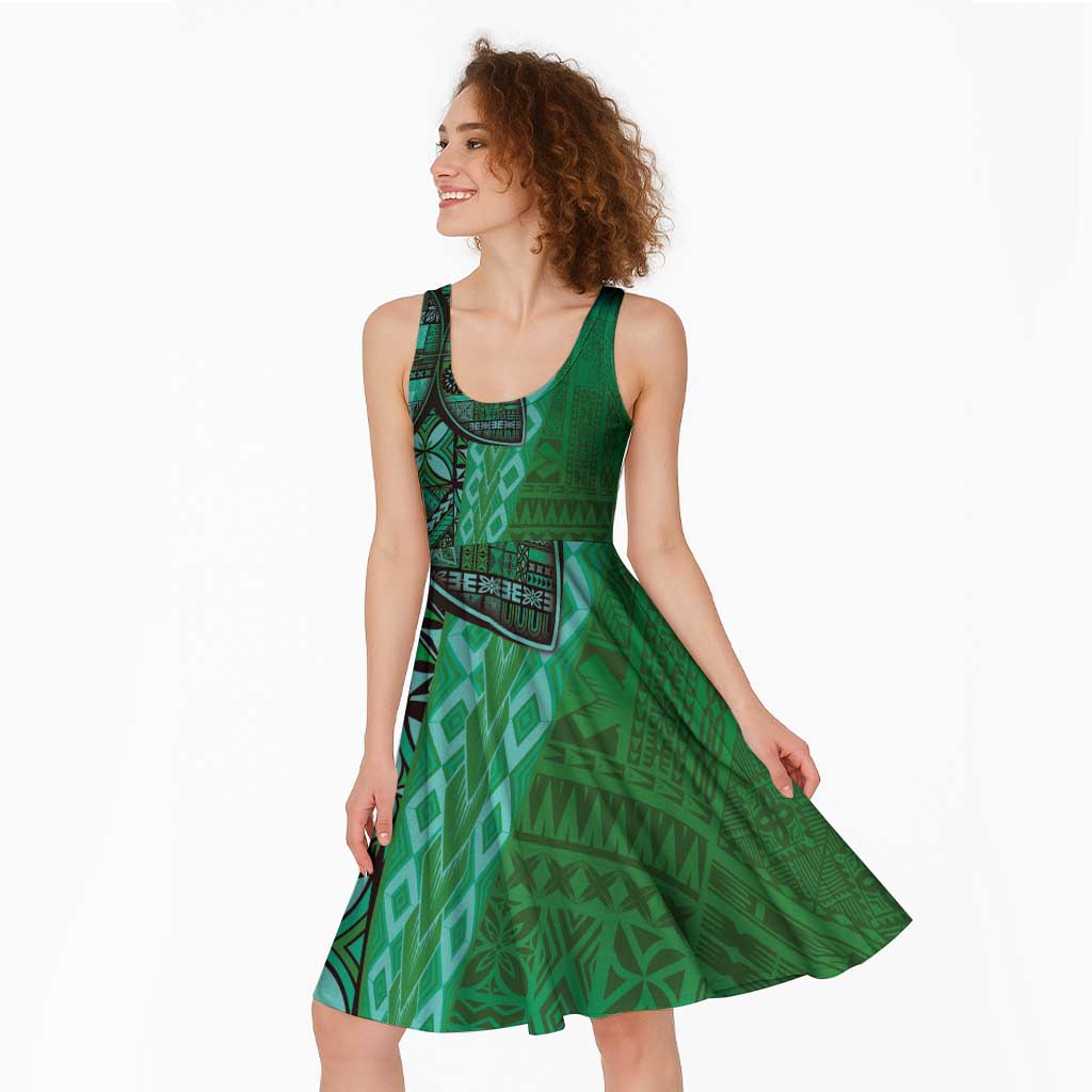 Samoan Pacific Tribal Flower Geometric Art Tattoos Midi Dress Siapo Pattern Emerald Glow LT03 - Polynesian Pride