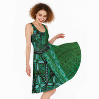 Samoan Pacific Tribal Flower Geometric Art Tattoos Midi Dress Siapo Pattern Emerald Glow LT03 - Polynesian Pride