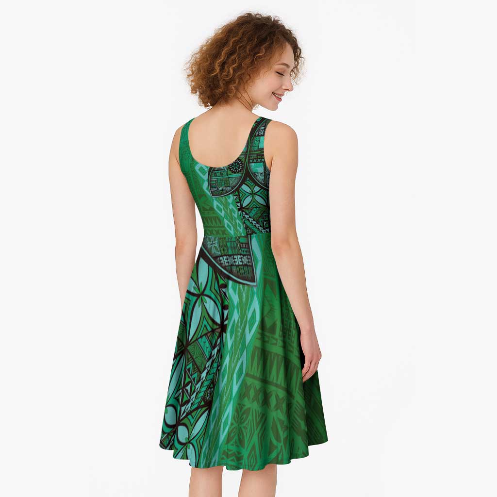 Samoan Pacific Tribal Flower Geometric Art Tattoos Midi Dress Siapo Pattern Emerald Glow LT03 - Polynesian Pride