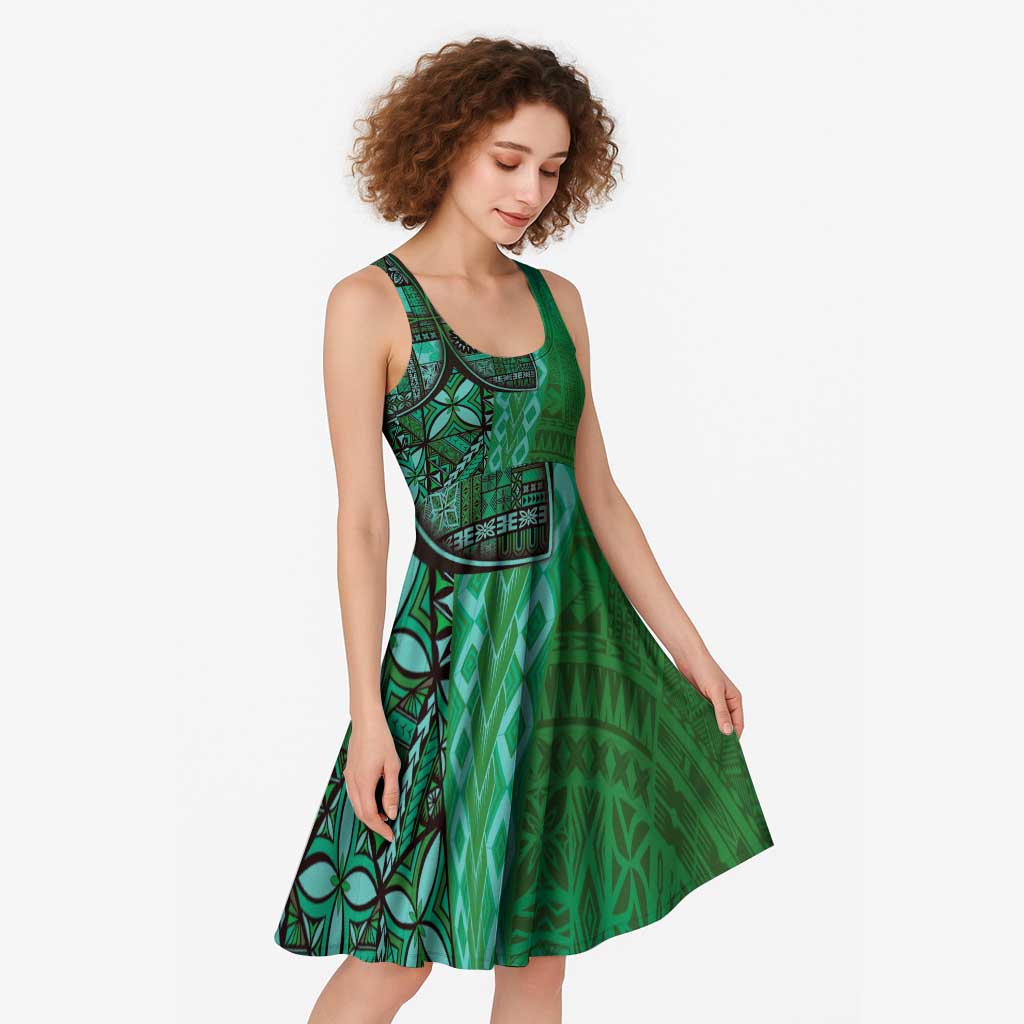 Samoan Pacific Tribal Flower Geometric Art Tattoos Midi Dress Siapo Pattern Emerald Glow LT03 - Polynesian Pride
