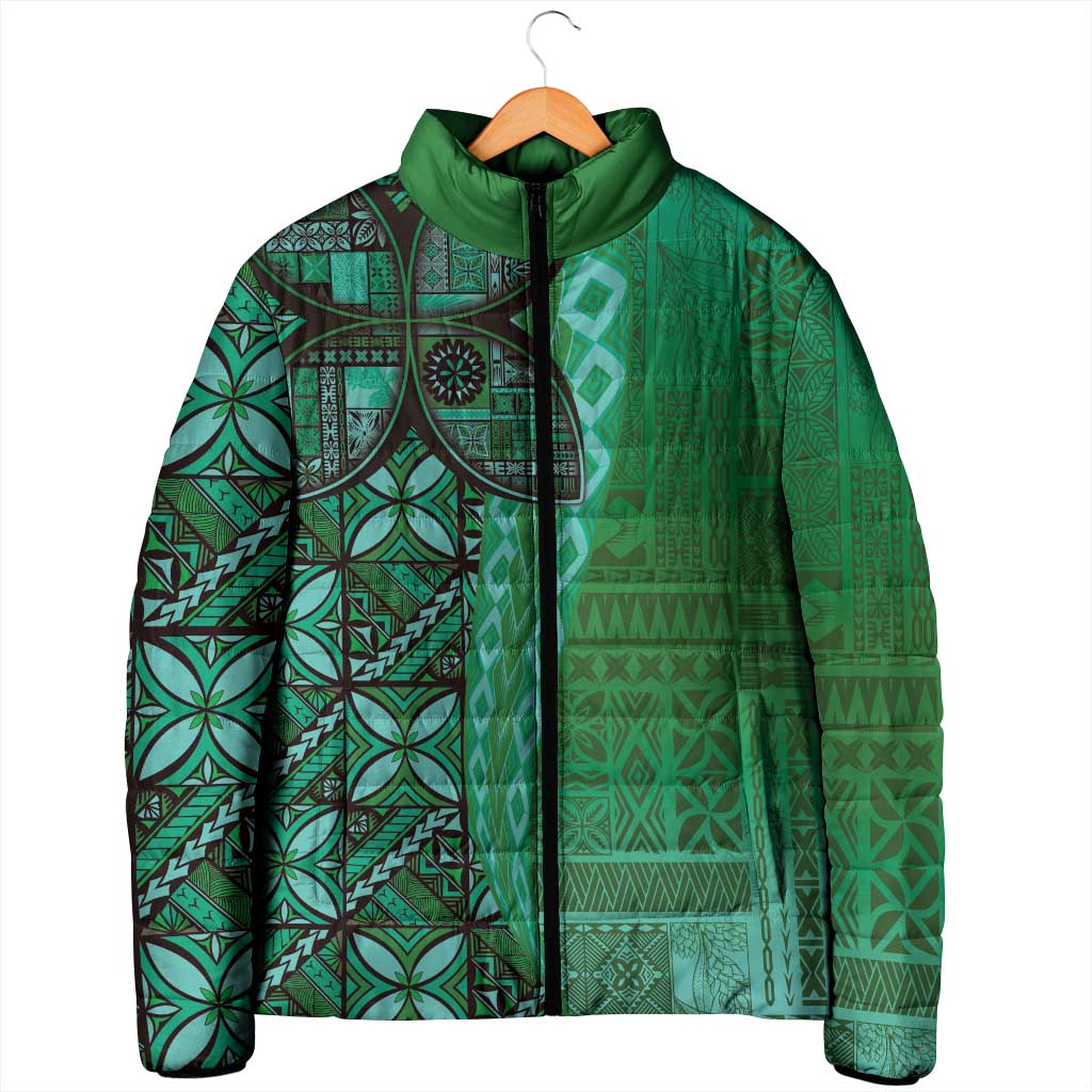 Samoan Pacific Tribal Flower Geometric Art Tattoos Padded Jacket Siapo Pattern Emerald Glow LT03 - Polynesian Pride