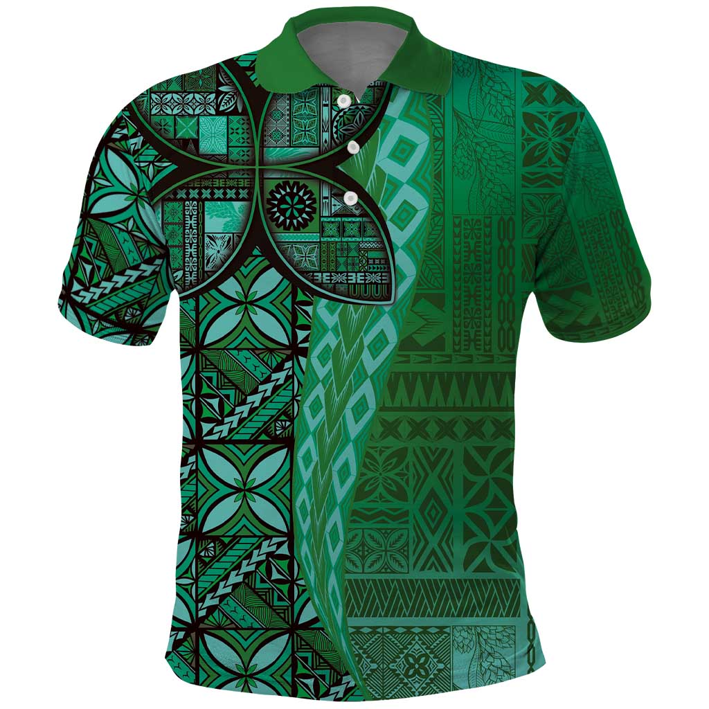Samoan Pacific Tribal Flower Geometric Art Tattoos Polo Shirt Siapo Pattern Emerald Glow LT03 Green - Polynesian Pride