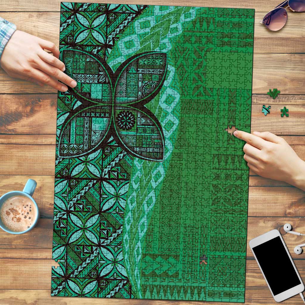 Samoan Pacific Tribal Flower Geometric Art Tattoos Puzzle Siapo Pattern Emerald Glow LT03 Green - Polynesian Pride