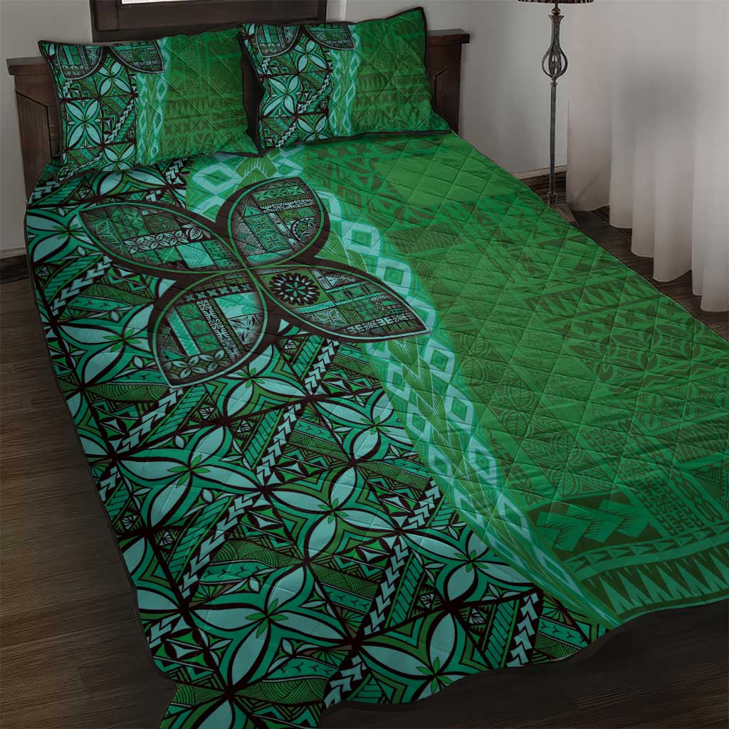 Samoan Pacific Tribal Flower Geometric Art Tattoos Quilt Bed Set Siapo Pattern Emerald Glow LT03 Green - Polynesian Pride