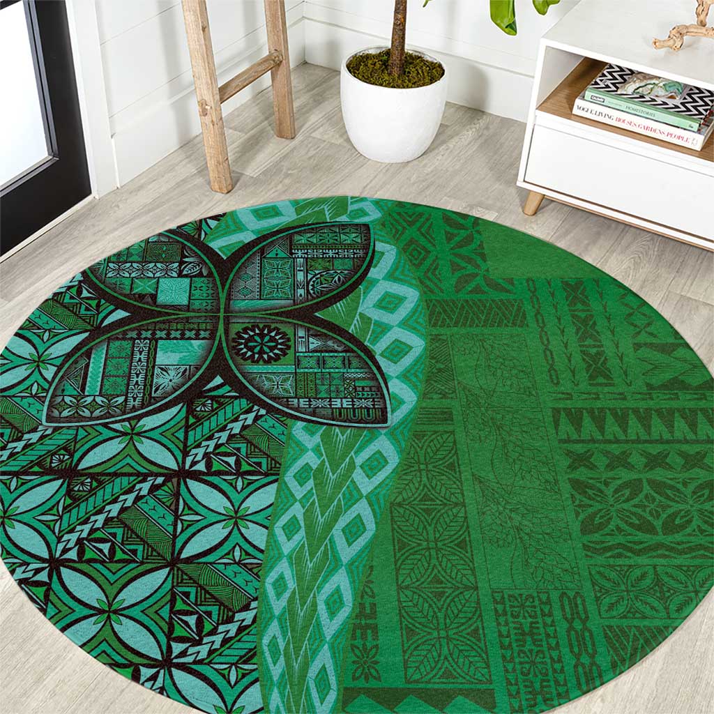 Samoan Pacific Tribal Flower Geometric Art Tattoos Round Carpet Siapo Pattern Emerald Glow LT03 Green - Polynesian Pride