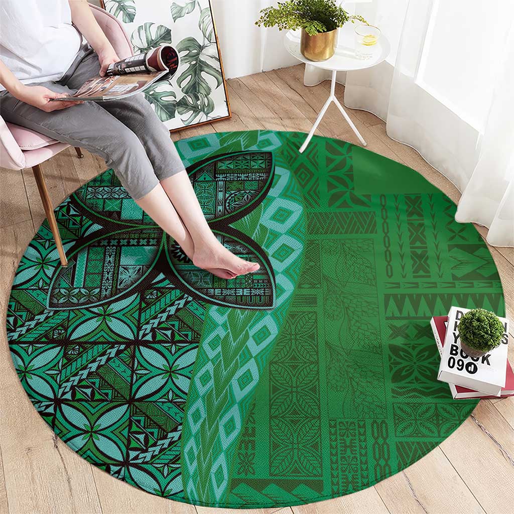 Samoan Pacific Tribal Flower Geometric Art Tattoos Round Carpet Siapo Pattern Emerald Glow LT03 - Polynesian Pride