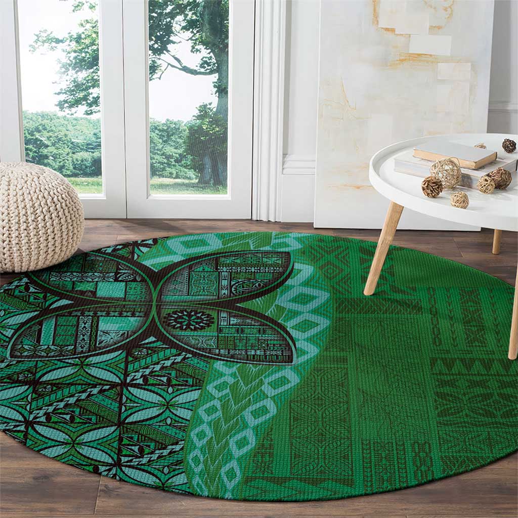 Samoan Pacific Tribal Flower Geometric Art Tattoos Round Carpet Siapo Pattern Emerald Glow LT03 - Polynesian Pride