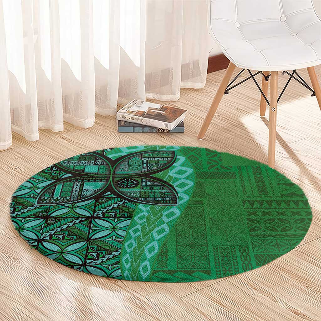 Samoan Pacific Tribal Flower Geometric Art Tattoos Round Carpet Siapo Pattern Emerald Glow LT03 - Polynesian Pride