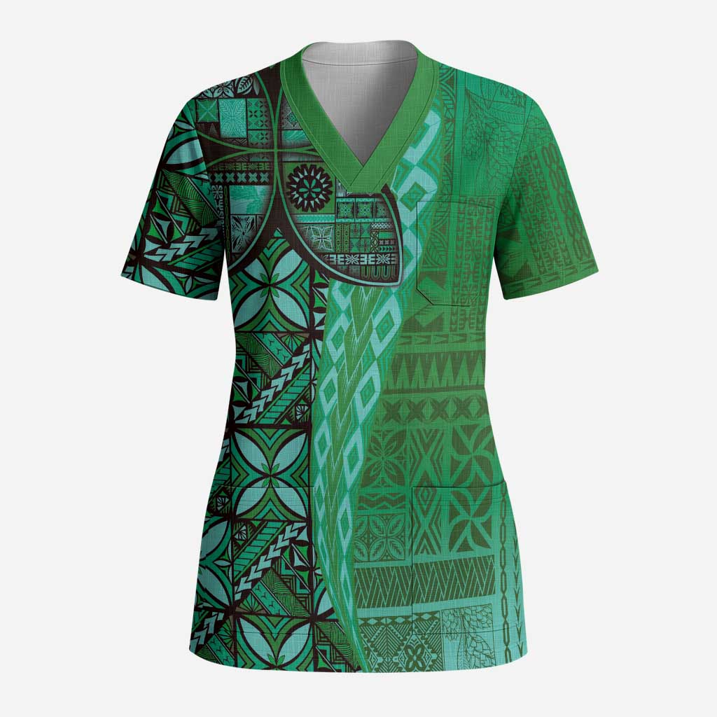 Samoan Pacific Tribal Flower Geometric Art Tattoos Scrub Top Siapo Pattern Emerald Glow LT03 Adult Green - Polynesian Pride