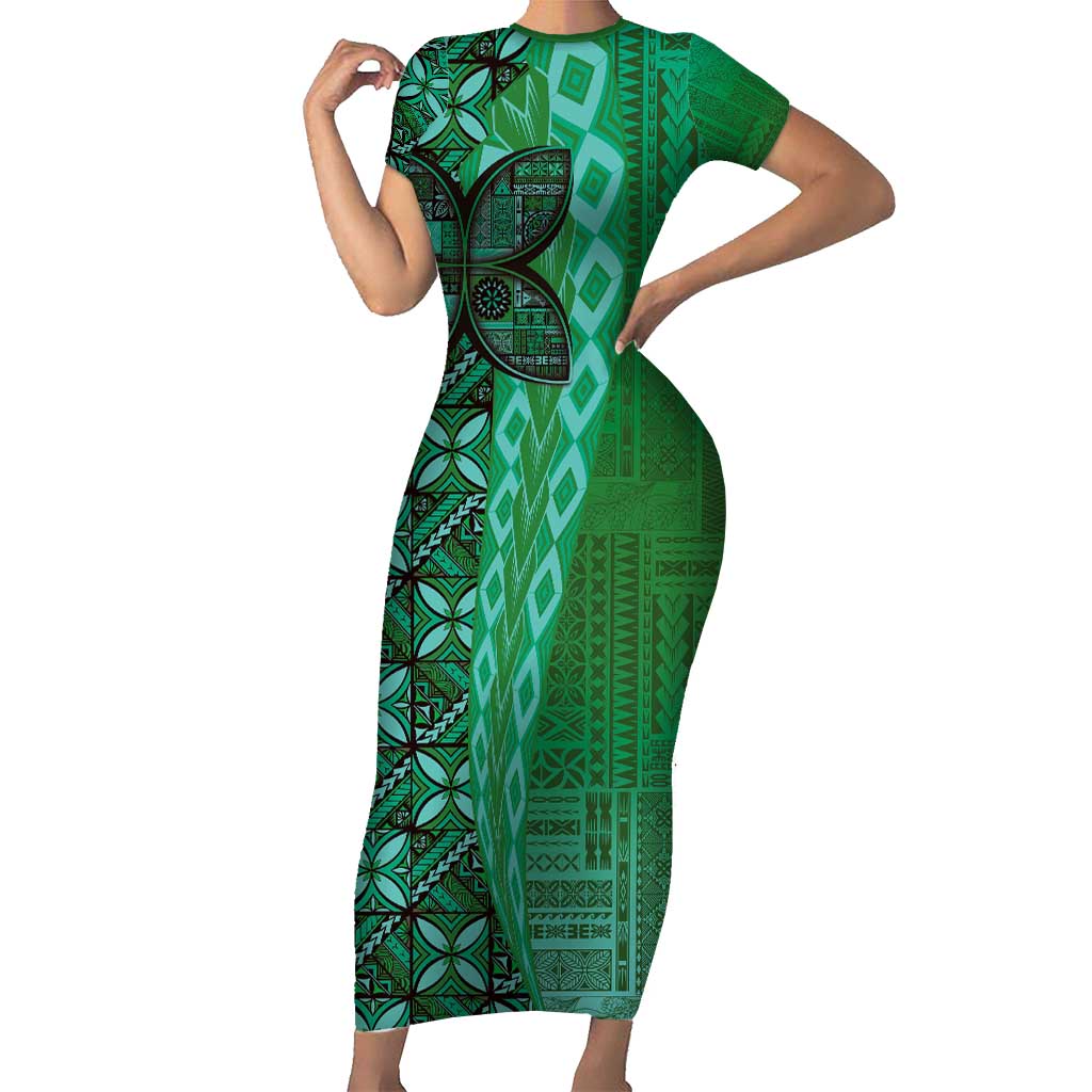 Samoan Pacific Tribal Flower Geometric Art Tattoos Short Sleeve Bodycon Dress Siapo Pattern Emerald Glow LT03 Long Dress Green - Polynesian Pride