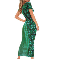 Samoan Pacific Tribal Flower Geometric Art Tattoos Short Sleeve Bodycon Dress Siapo Pattern Emerald Glow LT03 - Polynesian Pride