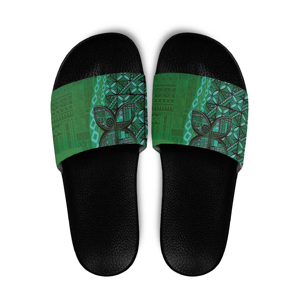 Samoan Pacific Tribal Flower Geometric Art Tattoos Slide Sandals Siapo Pattern Emerald Glow LT03 Green - Polynesian Pride