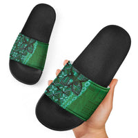 Samoan Pacific Tribal Flower Geometric Art Tattoos Slide Sandals Siapo Pattern Emerald Glow LT03 - Polynesian Pride