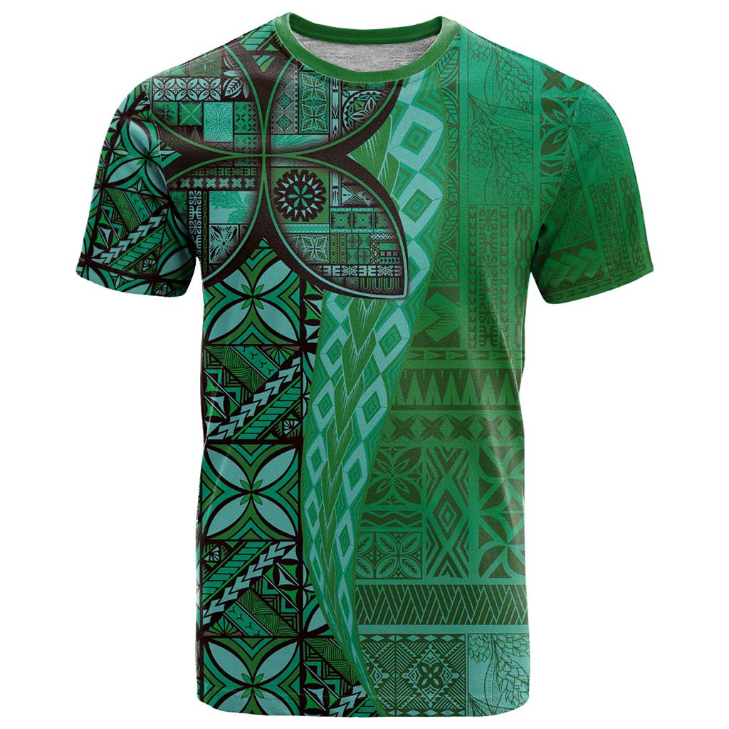 Samoan Pacific Tribal Flower Geometric Art Tattoos T Shirt Siapo Pattern Emerald Glow LT03 Green - Polynesian Pride