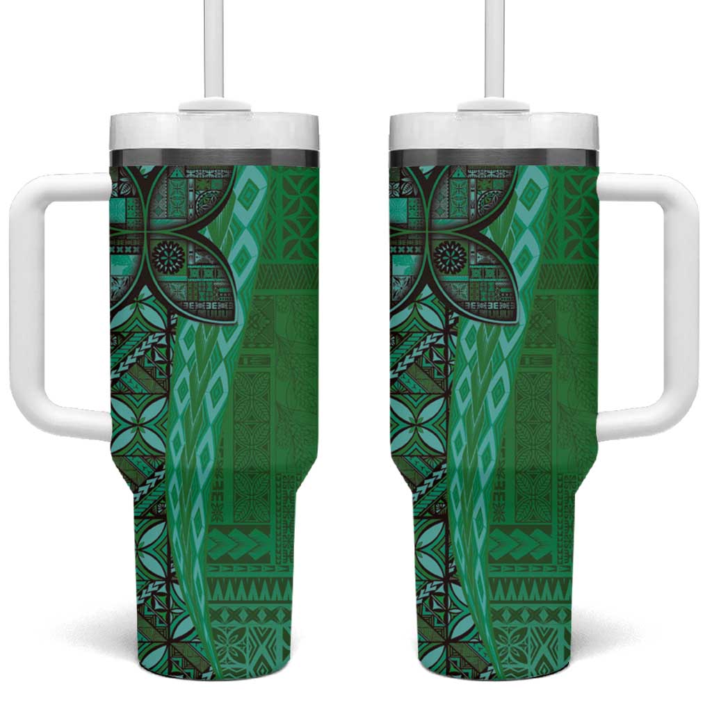 Samoan Pacific Tribal Flower Geometric Art Tattoos Tumbler With Handle Siapo Pattern Emerald Glow LT03 One Size: 40 oz Green - Polynesian Pride