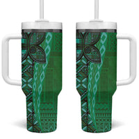Samoan Pacific Tribal Flower Geometric Art Tattoos Tumbler With Handle Siapo Pattern Emerald Glow LT03 One Size: 40 oz Green - Polynesian Pride