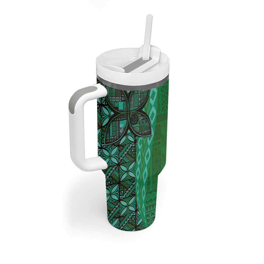 Samoan Pacific Tribal Flower Geometric Art Tattoos Tumbler With Handle Siapo Pattern Emerald Glow LT03 - Polynesian Pride