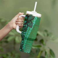 Samoan Pacific Tribal Flower Geometric Art Tattoos Tumbler With Handle Siapo Pattern Emerald Glow LT03 - Polynesian Pride