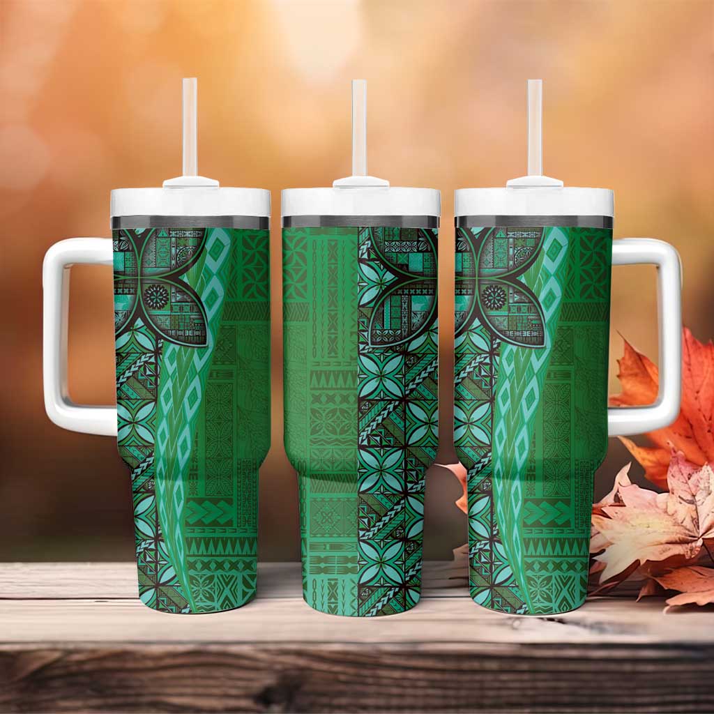 Samoan Pacific Tribal Flower Geometric Art Tattoos Tumbler With Handle Siapo Pattern Emerald Glow LT03 - Polynesian Pride