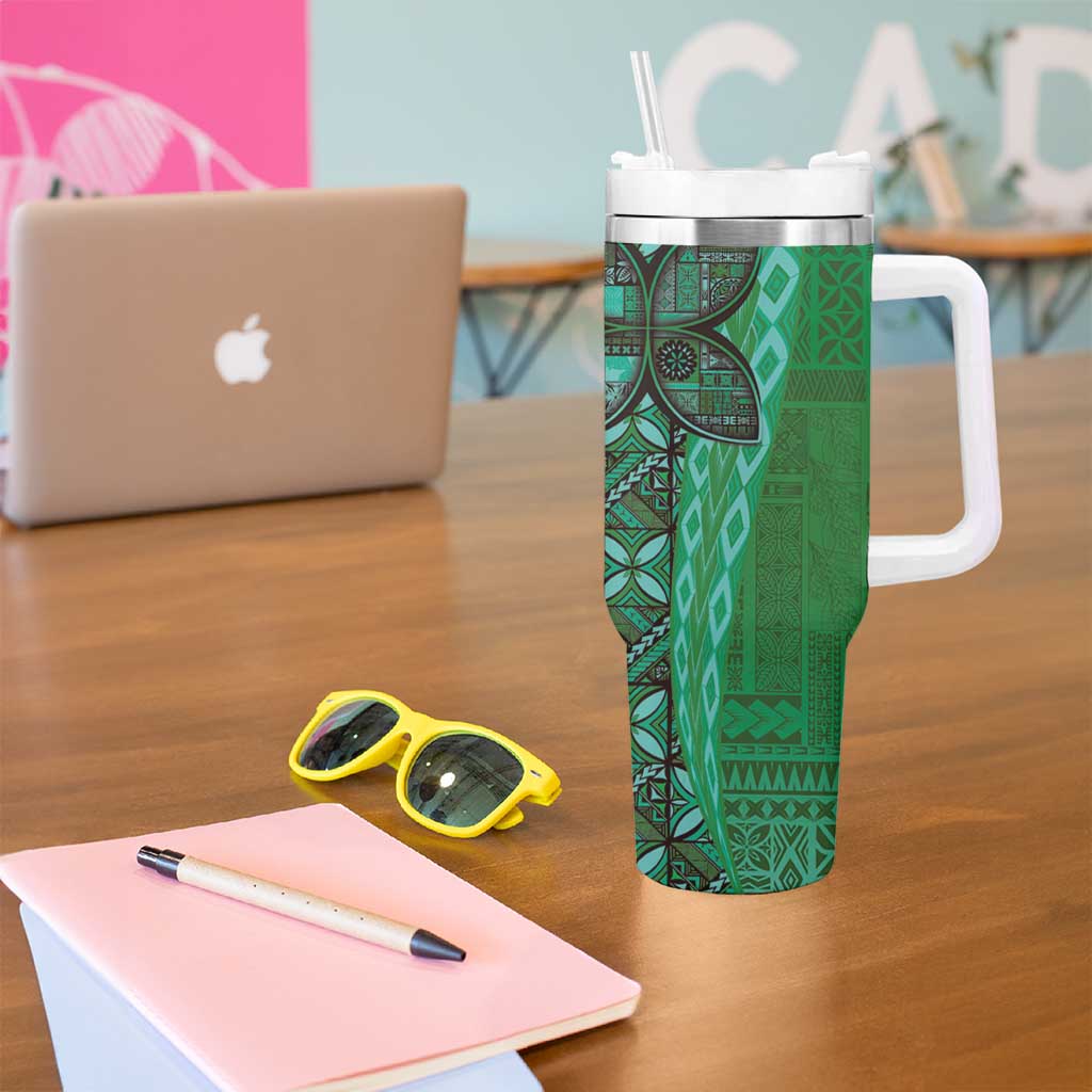Samoan Pacific Tribal Flower Geometric Art Tattoos Tumbler With Handle Siapo Pattern Emerald Glow LT03 - Polynesian Pride
