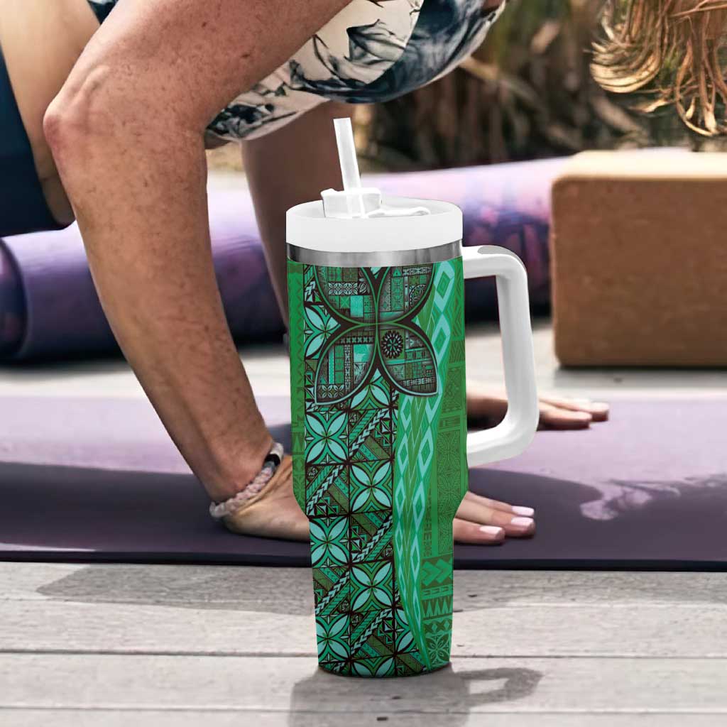 Samoan Pacific Tribal Flower Geometric Art Tattoos Tumbler With Handle Siapo Pattern Emerald Glow LT03 - Polynesian Pride