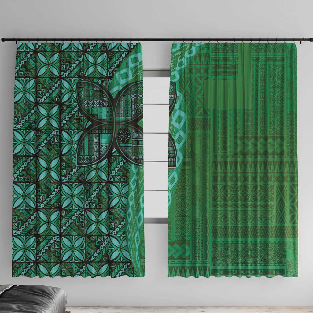 Samoan Pacific Tribal Flower Geometric Art Tattoos Window Curtain Siapo Pattern Emerald Glow LT03 With Hooks Green - Polynesian Pride