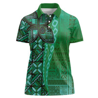 Samoan Pacific Tribal Flower Geometric Art Tattoos Women Polo Shirt Siapo Pattern Emerald Glow LT03 Female Green - Polynesian Pride