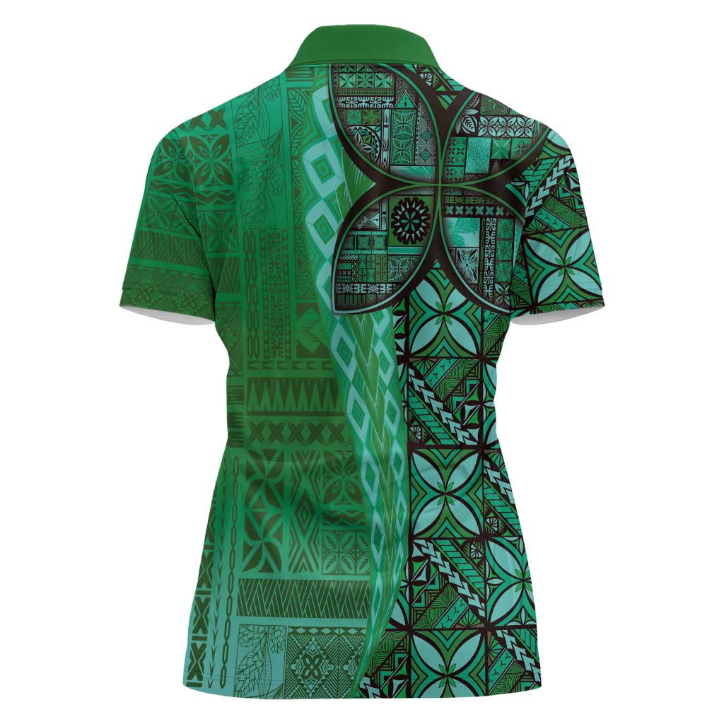 Samoan Pacific Tribal Flower Geometric Art Tattoos Women Polo Shirt Siapo Pattern Emerald Glow LT03 - Polynesian Pride