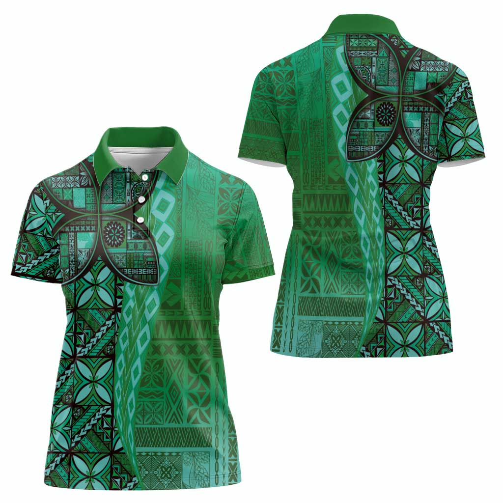 Samoan Pacific Tribal Flower Geometric Art Tattoos Women Polo Shirt Siapo Pattern Emerald Glow LT03 - Polynesian Pride